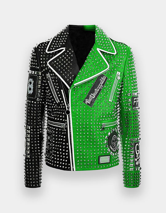 Men's Multi Color Full Studded Embroidery Patches Leather Jacket, Biker-Jacke mit Nieten